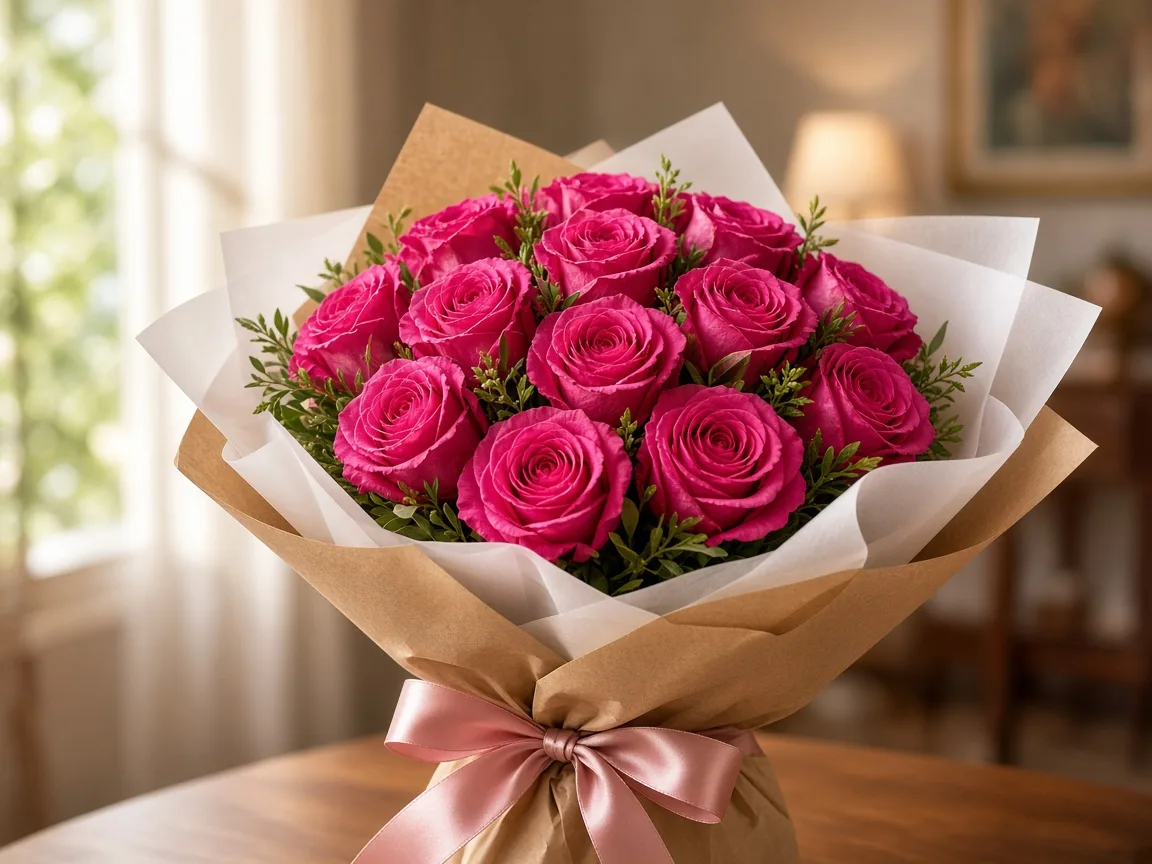 Gift bouquet of hot pink roses wrapped in kraft and white paper with a satin ribbon