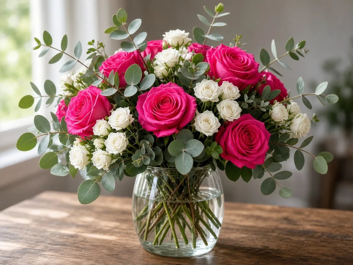 Arrangement of hot pink roses with white spray roses and eucalyptus in a vase