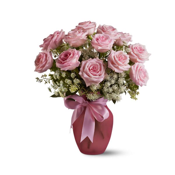 A Dozen Pink Roses and Lace
